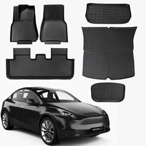 CARA Tesla Model Y سجادات أرضية 5 مقاعد 2020-2023 2024 جميع الأحوال الجوية 100% TPE حصيرة مخصصة تناسب البضائع بطانة المقعد الخلفي الأمامي الجذع الخلفي الجذع الحصير الداخلي حصيرة حامية 6 قطعة (مجموعة من 6) in Kuwait