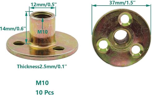 ULIFESTAR 10 PCS M10(3/8'') Brad Hole Tee Nut Carbon Steel Screw in T Nuts Round Base Mounting Hardware Fitting Fastener Flange Insert Female Thread with Screws (Inner Diameter 10mm/0.4'') in Saudi Arabia