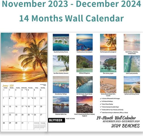 تقويم حائط 2024 BEACHES، تقويمات جدارية قابلة للتعليق لمدة 18 شهرًا، يناير 2024-يونيو 2025، تقاويم الشاطئ 2024، 12 بوصة × 24 بوصة (مفتوحة)، ورق لامع سميك، التنظيم والتخطيط in Kuwait