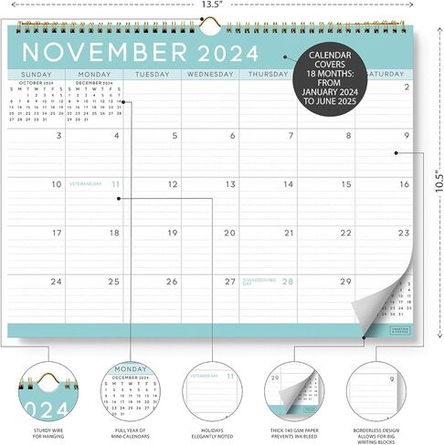 S&O Basic Teal Business Wall Calendar from January 2024-June 2025 - Tear-Off Monthly Calendar for Office - 18 Month Academic Wall Calendar - Hanging Calendar with Monthly Mini-Calendars - in Saudi Arabia