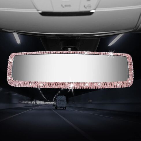 Bling Pink Car Accessories for Women,Bling Glitter Rhinestone Interior Rear View Mirror, Sparkle Wide-angle Crystal Diamonds Clip on Review Mirror for Women Girls Gift (Pink) in Saudi Arabia