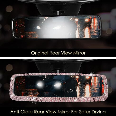 Bling Pink Car Accessories for Women,Bling Glitter Rhinestone Interior Rear View Mirror, Sparkle Wide-angle Crystal Diamonds Clip on Review Mirror for Women Girls Gift (Pink) in Saudi Arabia
