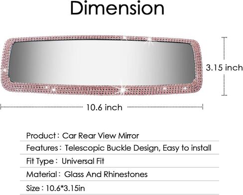 Bling Pink Car Accessories for Women,Bling Glitter Rhinestone Interior Rear View Mirror, Sparkle Wide-angle Crystal Diamonds Clip on Review Mirror for Women Girls Gift (Pink) in Saudi Arabia