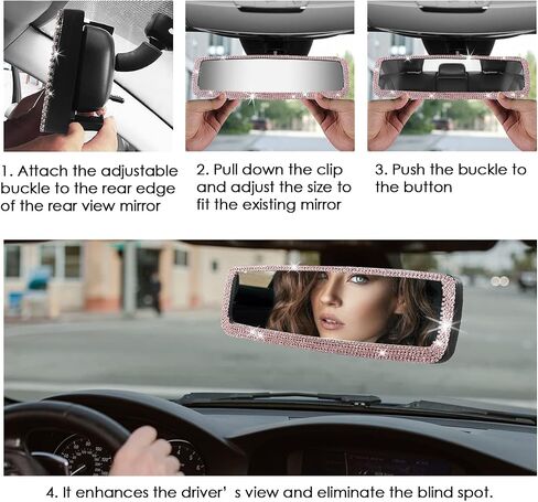 Bling Pink Car Accessories for Women,Bling Glitter Rhinestone Interior Rear View Mirror, Sparkle Wide-angle Crystal Diamonds Clip on Review Mirror for Women Girls Gift (Pink) in Saudi Arabia