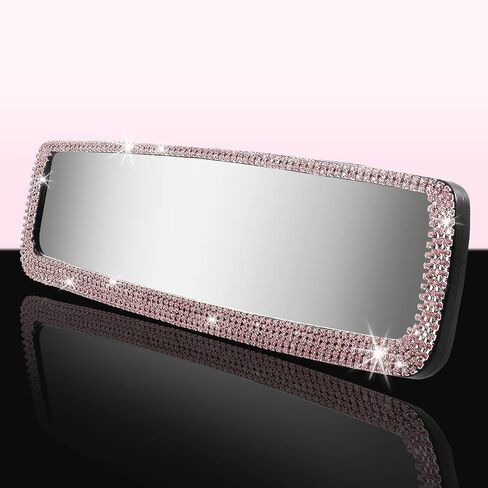 Bling Pink Car Accessories for Women,Bling Glitter Rhinestone Interior Rear View Mirror, Sparkle Wide-angle Crystal Diamonds Clip on Review Mirror for Women Girls Gift (Pink) in Saudi Arabia