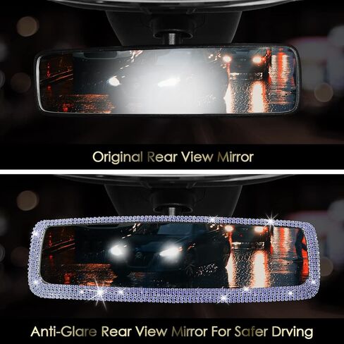 إكسسوارات السيارة الوردية اللامعة للنساء، مرآة رؤية خلفية داخلية من حجر الراين اللامع، مشبك ألماس كريستالي لامع بزاوية واسعة على مرآة المراجعة للنساء والفتيات هدية (وردي) in Kuwait