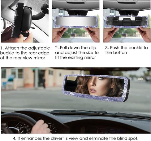 إكسسوارات السيارة الوردية اللامعة للنساء، مرآة رؤية خلفية داخلية من حجر الراين اللامع، مشبك ألماس كريستالي لامع بزاوية واسعة على مرآة المراجعة للنساء والفتيات هدية (وردي) in Kuwait