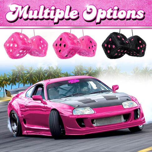 إكسسوارات سيارة Pink Fuzzy Dice - إكسسوارات سيارة وردية لطيفة فخمة للداخلية - مرآة رؤية خلفية فخمة زخارف معلقة - ديكور جمالي Y2K McBling 2000s - (وردي أبيض) in Kuwait