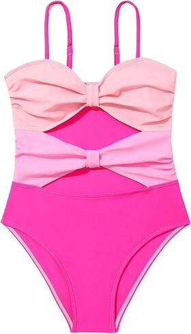 OYOANGLE Girl's Color Block Bow Front One Piece Swimsuit Spaghetti Strap Bathing Suits Swimwear in Saudi Arabia
