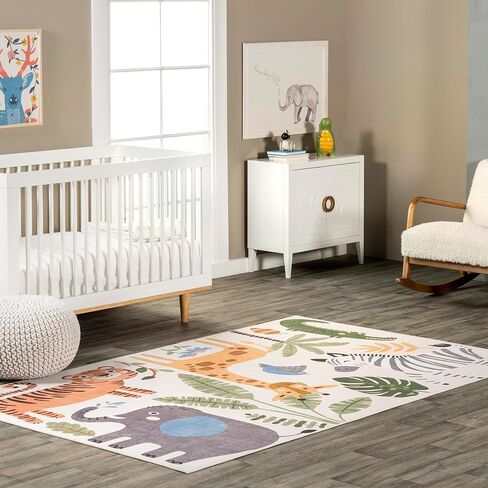 nuLOOM Felipa Safari Machine Washable Kids Ultra Thin Area Rug, 3' x 5', White Multi in Saudi Arabia