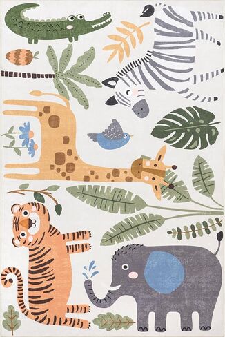 nuLOOM Felipa Safari Machine Washable Kids Ultra Thin Area Rug, 3' x 5', White Multi in Saudi Arabia