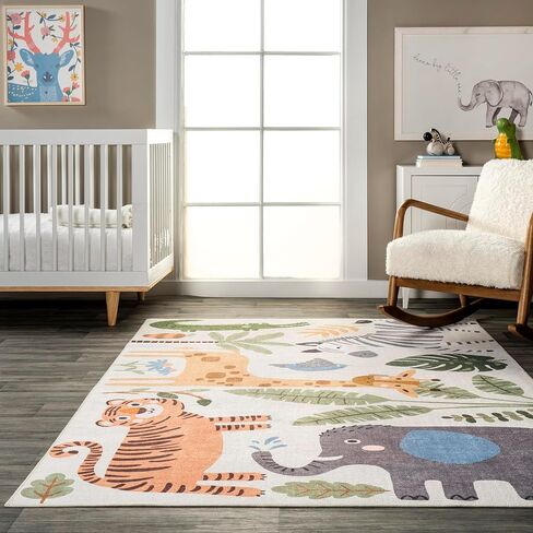 nuLOOM Felipa Safari Machine Washable Kids Ultra Thin Area Rug, 3' x 5', White Multi in Saudi Arabia