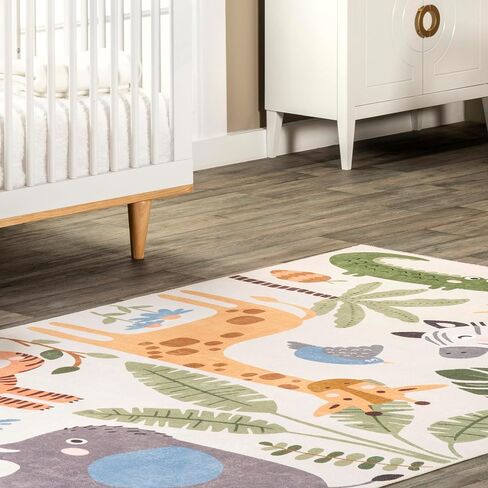 nuLOOM Felipa Safari Machine Washable Kids Ultra Thin Area Rug, 3' x 5', White Multi in Saudi Arabia