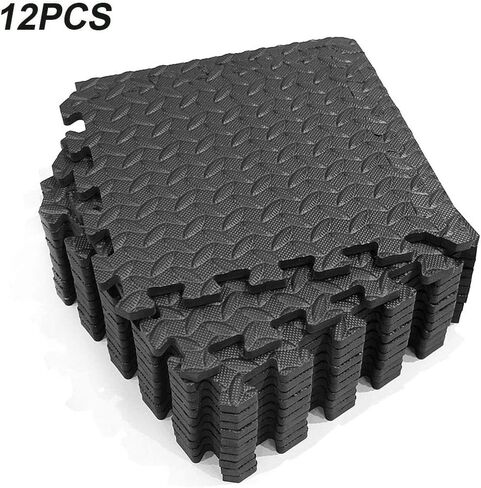 Xiaokeis 12 Pieces Exercise Mats Puzzle Foam Mats Gym Flooring Mat EVA Foam Interlocking Tiles Cushioned Workout Flooring for Home and Gym Equipment Home Protective Flooring Cushion(Black) in Saudi Arabia