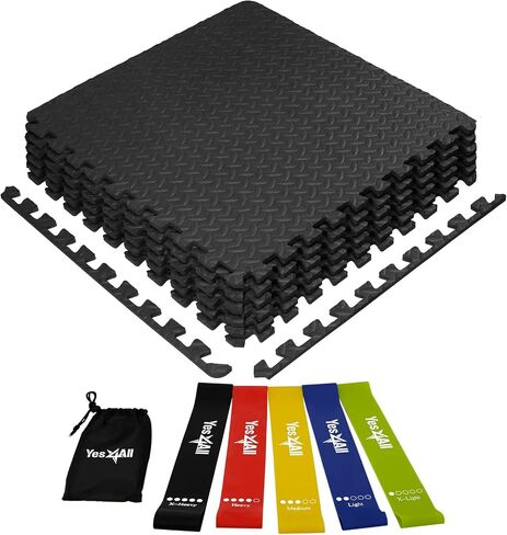Yes4All Interlocking Exercise Mat - Black - 6pc + Resistance Loop Bands in Saudi Arabia