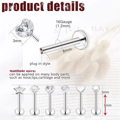 Prjndjw 20G 18G 16G أقراط ترصيع مسطحة الظهر الجراحية الفولاذ المقاوم للصدأ مجوهرات لابريت مونرو حلقات الشفاه الغضروف الزنمة الحلزون دفع الأنف الدائري ميدوسا ثقب المجوهرات للنساء الرجال 3 مم in Kuwait