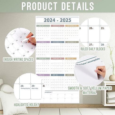 GuassLee Large Yearly Wall Calendar 2024-2025, Full Year Calendar One Page, Jul 2024- Jun 2025, Annual Wall Calendar 2024, 24"X 48" Wall Calendar 2024-2025 Large with Foam Stickers in Kuwait