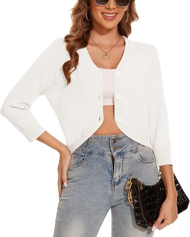 MINTLIMIT Women's Button Down 3/4 Sleeve Cropped Cardigan Knit V Neck Sweater Shrug Lightweight Soft Crop Bolero Shrugs in Saudi Arabia