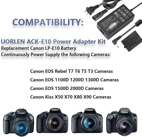 UORLEN ACK-E10 AC Power Adapter LP-E10 Dummy Battery Kit for Canon EOS Rebel T7 T6 T5 T3 1100D 1200D 1300D 1500D 2000D Cameras in Saudi Arabia