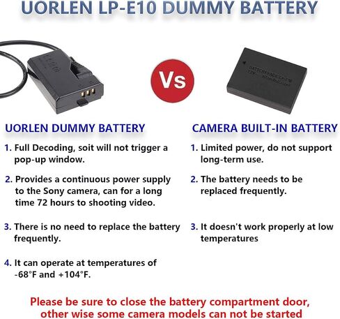 UORLEN ACK-E10 AC Power Adapter LP-E10 Dummy Battery Kit for Canon EOS Rebel T7 T6 T5 T3 1100D 1200D 1300D 1500D 2000D Cameras in Saudi Arabia