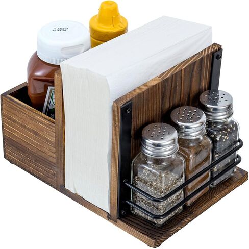 MyGift Rustic Burnt Solid Wood All-In-One Napkin Holder and Condiment Server Dining Caddy with 3 Salt and Pepper Shakers, Tabletop Napkin, Utensil and Seasoning Jar Holder Rack, 4 Piece Set in Saudi Arabia