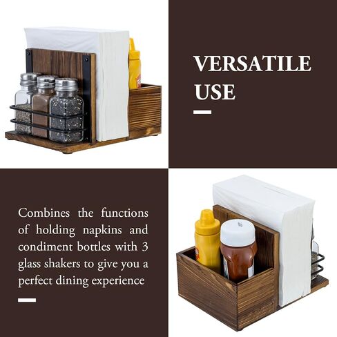MyGift Rustic Burnt Solid Wood All-In-One Napkin Holder and Condiment Server Dining Caddy with 3 Salt and Pepper Shakers, Tabletop Napkin, Utensil and Seasoning Jar Holder Rack, 4 Piece Set in Saudi Arabia