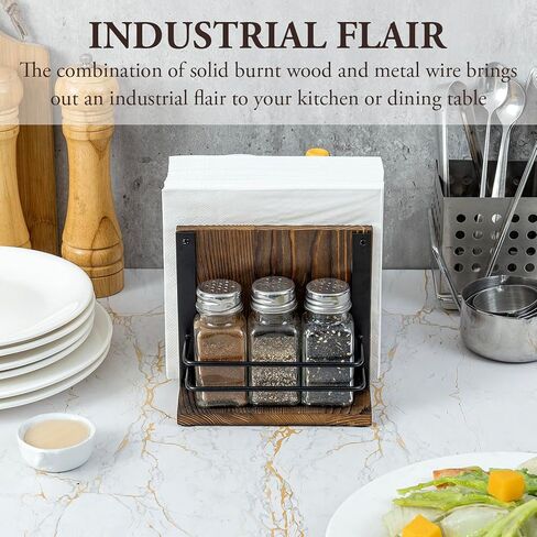 MyGift Rustic Burnt Solid Wood All-In-One Napkin Holder and Condiment Server Dining Caddy with 3 Salt and Pepper Shakers, Tabletop Napkin, Utensil and Seasoning Jar Holder Rack, 4 Piece Set in Saudi Arabia