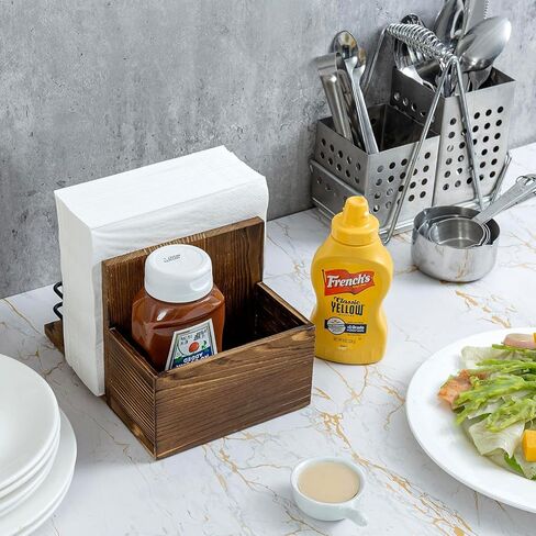 MyGift Rustic Burnt Solid Wood All-In-One Napkin Holder and Condiment Server Dining Caddy with 3 Salt and Pepper Shakers, Tabletop Napkin, Utensil and Seasoning Jar Holder Rack, 4 Piece Set in Saudi Arabia