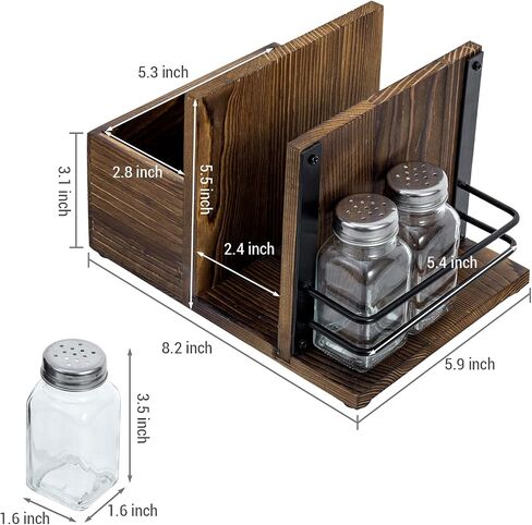 MyGift Rustic Burnt Solid Wood All-In-One Napkin Holder and Condiment Server Dining Caddy with 3 Salt and Pepper Shakers, Tabletop Napkin, Utensil and Seasoning Jar Holder Rack, 4 Piece Set in Saudi Arabia