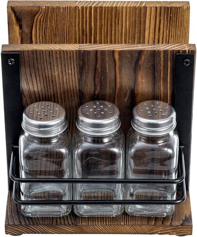 MyGift Rustic Burnt Solid Wood All-In-One Napkin Holder and Condiment Server Dining Caddy with 3 Salt and Pepper Shakers, Tabletop Napkin, Utensil and Seasoning Jar Holder Rack, 4 Piece Set in Saudi Arabia