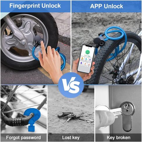 قفل الكابل بدون مفتاح قفل دراجة مقاوم للماء eLinkSmart: قفل كابل فولاذي طويل بطول 150 سم لبوابة سياج باب الدراجة البخارية والدراجة النارية - فتح بصمة الإصبع، تطبيق الهاتف عن بعد، دعم معتمد لساعة iOS in Kuwait