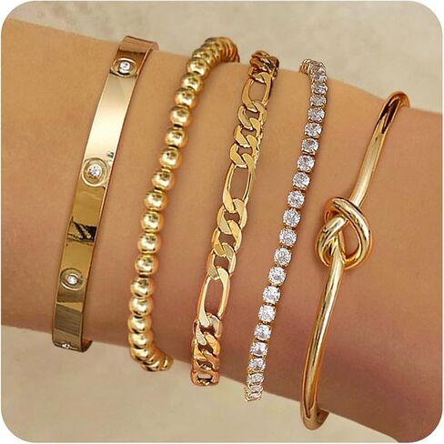 Fansilver Gold Bracelets for Women 14k Real Gold Bangle Cuff Bracelet Set Gold Plated Beaded Paperclip Cuban Chain Bracelet Cubic Zirconia Tennis Bracelet for Women Stack in Saudi Arabia