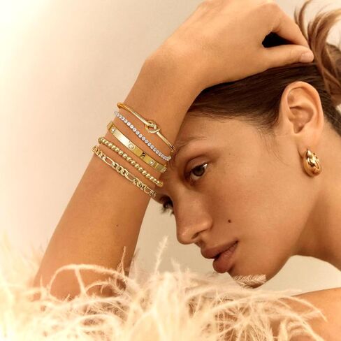 Fansilver Gold Bracelets for Women 14k Real Gold Bangle Cuff Bracelet Set Gold Plated Beaded Paperclip Cuban Chain Bracelet Cubic Zirconia Tennis Bracelet for Women Stack in Saudi Arabia