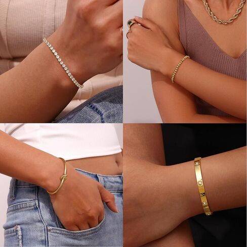 Fansilver Gold Bracelets for Women 14k Real Gold Bangle Cuff Bracelet Set Gold Plated Beaded Paperclip Cuban Chain Bracelet Cubic Zirconia Tennis Bracelet for Women Stack in Saudi Arabia