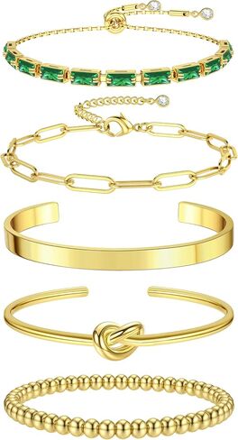 Fansilver Gold Bracelets for Women 14k Real Gold Bangle Cuff Bracelet Set Gold Plated Beaded Paperclip Cuban Chain Bracelet Cubic Zirconia Tennis Bracelet for Women Stack in Saudi Arabia
