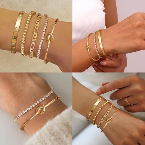 Fansilver Gold Bracelets for Women 14k Real Gold Bangle Cuff Bracelet Set Gold Plated Beaded Paperclip Cuban Chain Bracelet Cubic Zirconia Tennis Bracelet for Women Stack in Saudi Arabia