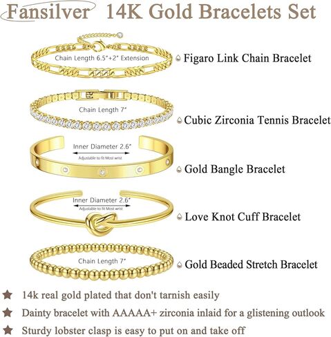 Fansilver Gold Bracelets for Women 14k Real Gold Bangle Cuff Bracelet Set Gold Plated Beaded Paperclip Cuban Chain Bracelet Cubic Zirconia Tennis Bracelet for Women Stack in Saudi Arabia