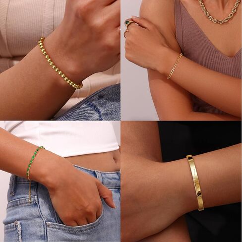 Fansilver Gold Bracelets for Women 14k Real Gold Bangle Cuff Bracelet Set Gold Plated Beaded Paperclip Cuban Chain Bracelet Cubic Zirconia Tennis Bracelet for Women Stack in Saudi Arabia