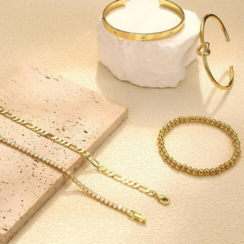 Fansilver Gold Bracelets for Women 14k Real Gold Bangle Cuff Bracelet Set Gold Plated Beaded Paperclip Cuban Chain Bracelet Cubic Zirconia Tennis Bracelet for Women Stack in Saudi Arabia