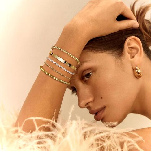 Fansilver أساور الذهب للنساء 14K الذهب الحقيقي الإسورة الكفة سوار مجموعة الذهب مطلي مطرز مشبك الورق الكوبي سلسلة سوار مكعب زركونيا سوار التنس للنساء المكدس in Kuwait