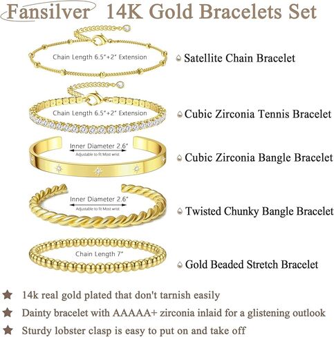 Fansilver أساور الذهب للنساء 14K الذهب الحقيقي الإسورة الكفة سوار مجموعة الذهب مطلي مطرز مشبك الورق الكوبي سلسلة سوار مكعب زركونيا سوار التنس للنساء المكدس in Kuwait