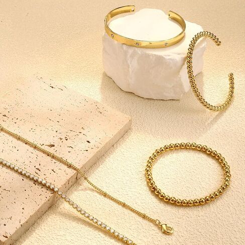 Fansilver أساور الذهب للنساء 14K الذهب الحقيقي الإسورة الكفة سوار مجموعة الذهب مطلي مطرز مشبك الورق الكوبي سلسلة سوار مكعب زركونيا سوار التنس للنساء المكدس in Kuwait