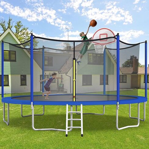 ترامبولين UBGO بطول 15 قدم، ترامبولين خارجي مع شبكة مغلقة، ترامبولين مستدير مع سلم وحلقة كرة السلة، ترامبولين في الفناء الخلفي للأطفال والعائلة وقت سعيد باللون الأزرق in Kuwait