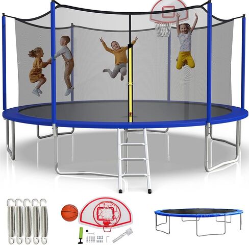 ترامبولين UBGO بطول 15 قدم، ترامبولين خارجي مع شبكة مغلقة، ترامبولين مستدير مع سلم وحلقة كرة السلة، ترامبولين في الفناء الخلفي للأطفال والعائلة وقت سعيد باللون الأزرق in Kuwait