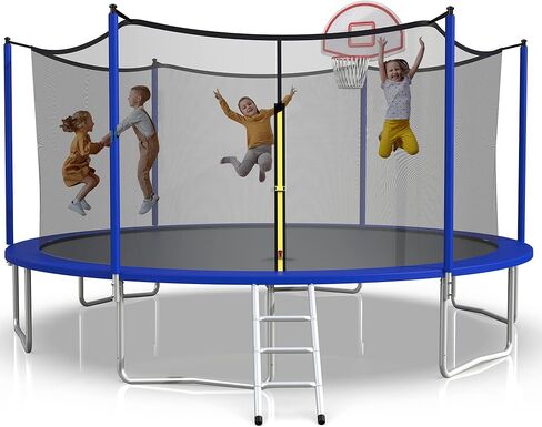 ترامبولين UBGO بطول 15 قدم، ترامبولين خارجي مع شبكة مغلقة، ترامبولين مستدير مع سلم وحلقة كرة السلة، ترامبولين في الفناء الخلفي للأطفال والعائلة وقت سعيد باللون الأزرق in Kuwait