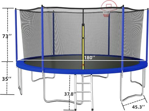 ترامبولين UBGO بطول 15 قدم، ترامبولين خارجي مع شبكة مغلقة، ترامبولين مستدير مع سلم وحلقة كرة السلة، ترامبولين في الفناء الخلفي للأطفال والعائلة وقت سعيد باللون الأزرق in Kuwait