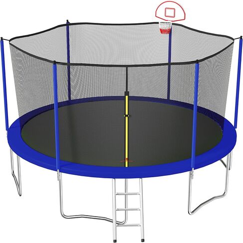 ترامبولين UBGO بطول 15 قدم، ترامبولين خارجي مع شبكة مغلقة، ترامبولين مستدير مع سلم وحلقة كرة السلة، ترامبولين في الفناء الخلفي للأطفال والعائلة وقت سعيد باللون الأزرق in Kuwait