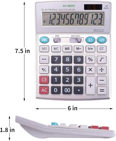 آلة حاسبة مكتبية من ديكسفر بشاشة LCD كبيرة جدًا مكونة من 12 رقمًا مقاس 5 بوصة، تعمل بالطاقة الشمسية والبطارية للمكتب المنزلي (البطارية متضمنة) in Kuwait