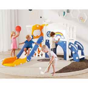 10 in 1 Toddler Slide Playset Indoor & Outdoor Playground for Kids Aged 1-3, Complete with Golf Set, Basketball Hoop, Climbing Frame, Drawing Board and Steering Wheel, Blue & Yellow in Saudi Arabia