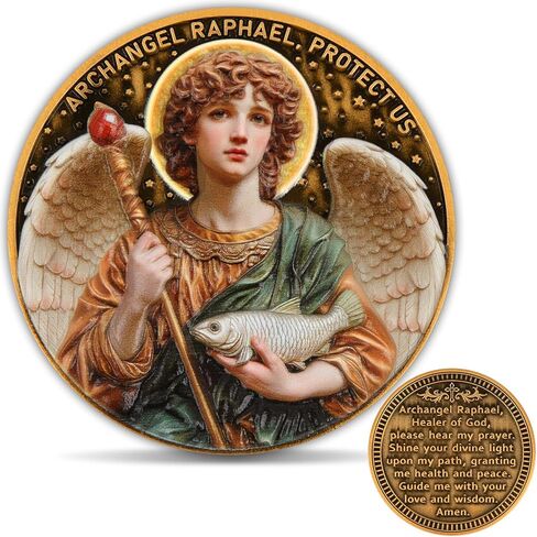 Archangel Raphael Healing Coin – Inspirational Christian Challenge Coin with Healing Prayer, Divine Light, and Peace Symbol, Zinc Alloy Collectible with Acrylic Case in Saudi Arabia